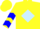 Yellow, dark blue 's' on light blue diamond, blue chevrons on sleeves