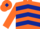 Orange, dark blue chevrons, orange sleeves, orange cap, dark blue diamond
