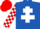 Royal blue, white cross of lorraine, red and white check sleeves, red cap