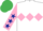 White, pink triple diamond, pink sleeves, dark blue stars, emerald green cap