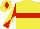 Yellow, Red hoop, Red and Yellow diabolo on sleeves, Yellow cap, Red diamond