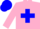 Pink body, blue cross belts, pink arms, blue cap