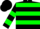 Black, green hoops, green bars on sleeves, black cap
