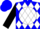 Blue, black horsehead on black and white ball, white diamonds on black sleeves, blue cap