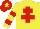 Yellow, red cross of lorraine, hooped sleeves, red cap, yellow star