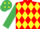 Red & yellow diamonds, emerald green sleeves, em green cap, yellow diamonds