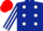 Dark blue, white spots, striped sleeves, red cap