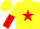 Yellow body, red star, yellow arms, red halved, yellow cap