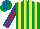 Emerald green and yellow stripes, red and royal blue striped sleeves and cap