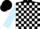 Black, white blocks, light blue sleeves, black cap
