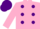 Shocking pink, purple dots, shocking pink sleeves, shocking and purple cap