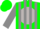 Green, light gray ball and 'dv', gray stripes on sleeves, green cap, gray band