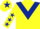 Yellow, dark blue chevron, yellow sleeves, dark blue stars, yellow cap, dark blue star