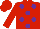 Red, purple spots, red sleeves and cap
