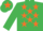Emerald green, orange stars, emerald green cap, orange star
