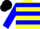 Yellow body, blue hooped, blue arms, black cap
