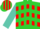 Chartreuse, turquoise and red chevrons, red 'ts', red and chartreuse stripes on turquoise sleeves