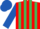 Red and emerald green stripes, royal blue sleeves and cap