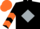 Black, silver diamond frame, orange 's', orange chevrons on sleeves, orange cap