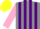 Grey and purple stripes, pink sleeves, yellow cap