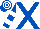 White, royal blue cross belts, royal blue and white hooped sleeves and cap