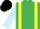 Emerald green, yellow braces, light blue sleeves, black cap