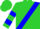 Lime green, blue sash, blue bars on sleeves, lime green cap