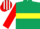Dark green, yellow hoop, red sleeves, white armlet, red & white striped cap