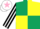 Dark green and yellow (quartered), black and white striped sleeves, white cap, pink star