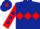 Dark blue body, red triple diamond, red arms, dark blue diamonds, dark blue cap, red diamond
