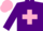 Purple body, pink cross belts, purple arms, pink cap