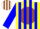 Yellow, white 'pw' on brown ball, blue stripes on sleeves