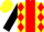 Yellow, black 'pr', red triangular v panel, red diamonds on black slvs, yellow cap