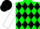 Soft green body, black diamonds, white arms, black cap