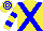 Yellow body, blue cross belts, yellow arms, blue hooped, yellow cap, blue hooped