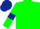 Soft green body, soft green arms, dark blue armlets, dark blue cap