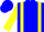 Blue body, yellow braces, yellow arms, blue cap