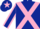 Dark blue, pink cross sashes, dark blue sleeves, pink seams, dark blue cap, pink star