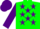 Green body, purple stars, purple arms, purple cap