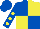 Royal blue and yellow (quartered), royal blue sleeves, yellow spots, royal blue cap