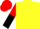 Yellow, red and black halved sleeves, red cap
