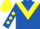 Royal blue, yellow triangular panel, yellow diamonds on sleeves, blue and yellow cap