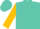 Turquoise, orange and gold feather emblem, feathers on sleeves