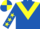 Royal blue, yellow chevron, yellow stars on sleeves, quartered cap
