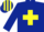Dark blue, yellow cross belts, striped cap