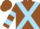 Brown, sky blue cross sashes, sky blue bars on sleeves, brown cap