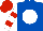 Royal blue, white ball, white sleeves, red hoops, red cap