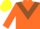 Orange body, brown chevron, orange arms, yellow cap