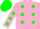Pink body, green spots, pink arms, green spots, green cap
