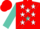 Red, white stars on turquoise cross sash, turquoise sleeves